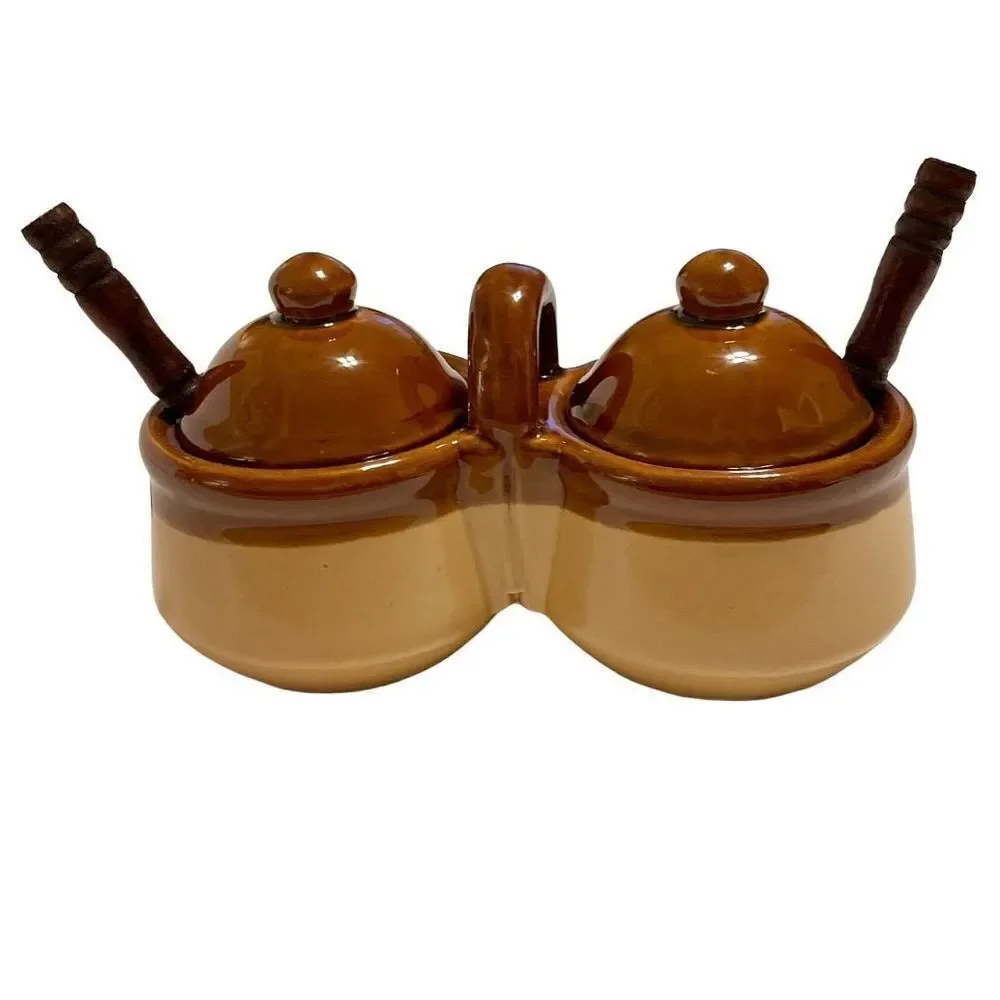 Vintage Double Condiment Jars with Lids and Spoons